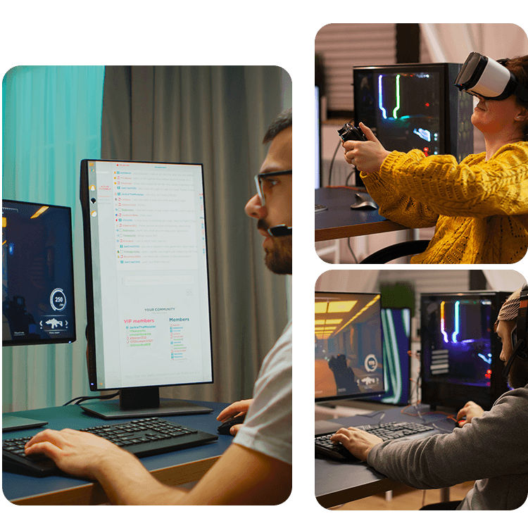 Professional PC game developers optimizing gameplay performance and graphics